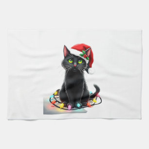 Black Cat Christmas Lights Santa Hat Funny Xmas Ca Tea Towel