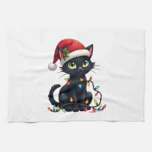 Black Cat Christmas Lights Santa Hat Funny Xmas Ca Tea Towel