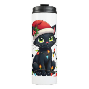 Black Cat Christmas Lights Santa Hat Funny Xmas Ca Thermal Tumbler