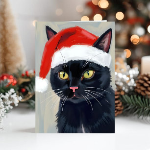Black Cat Christmas Painting Santa Hat Holiday Card