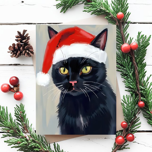 Black Cat Christmas Painting Santa Hat Holiday Postcard (Creator Uploaded)