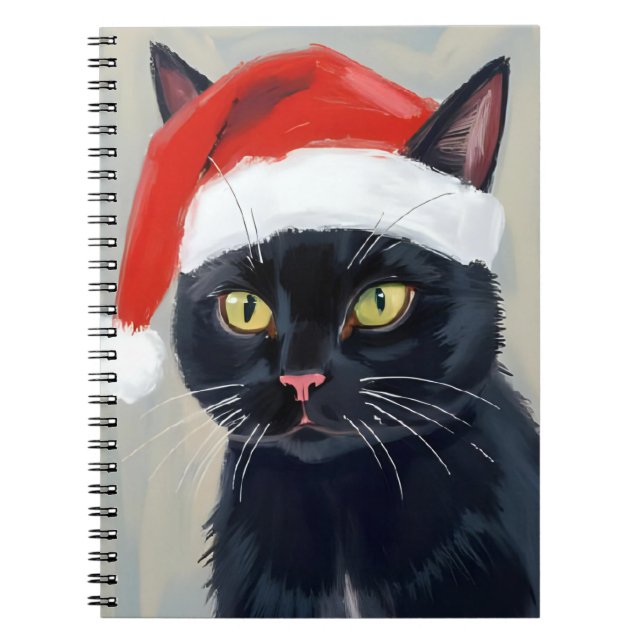 Black Cat | Christmas Painting Santa Hat Notebook (Front)