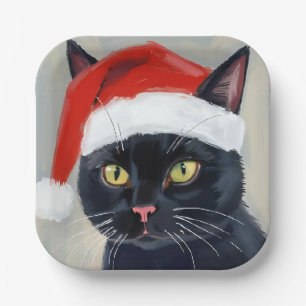 Black Cat Christmas Painting Santa Hat Paper Plate