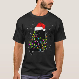 Black Cat Christmas Pajama Merry Xmas Lights Cat T-Shirt