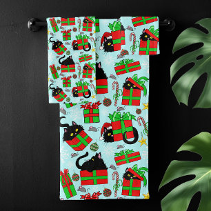 Black Cat Christmas Presents Bath Towel Set