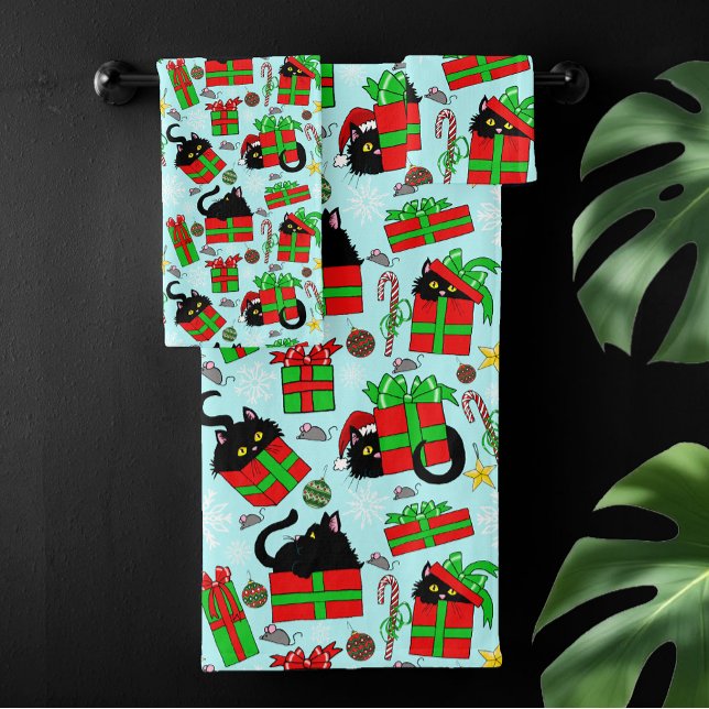 Black Cat Christmas Presents Bath Towel Set (Creator Uploaded)