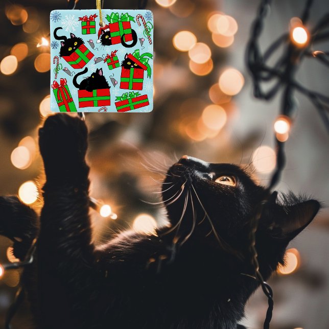 Black Cat Christmas Presents Ceramic Ornament (Creator Uploaded)