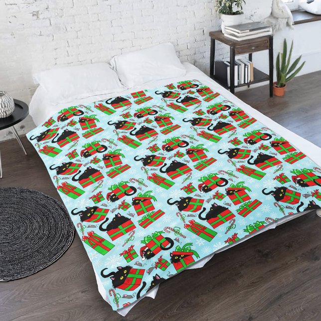 Black Cat Christmas Presents Fleece Blanket (Creator Uploaded)