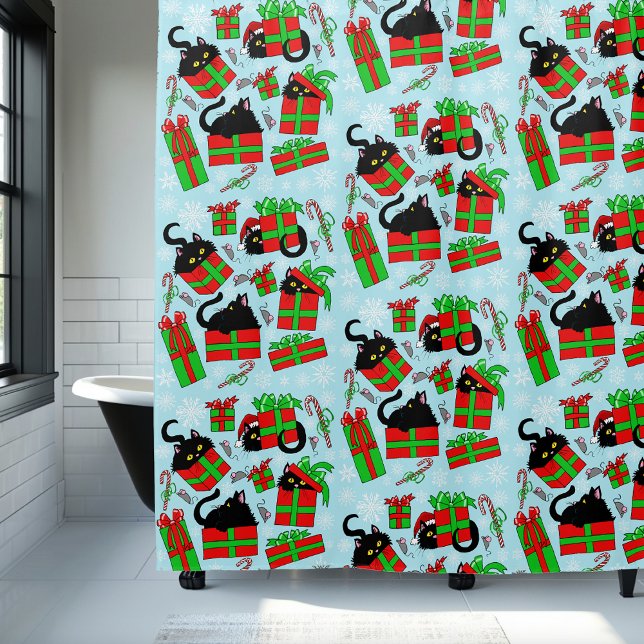 Black Cat Christmas Presents Shower Curtain (Creator Uploaded)
