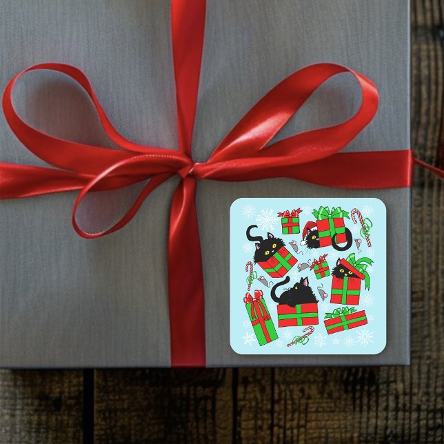 Black Cat Christmas Presents Square Sticker (Creator Uploaded)