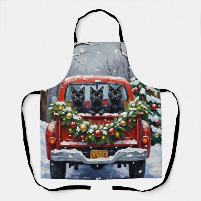 Black Cat Christmas Red Truck Holiday Apron (Front)
