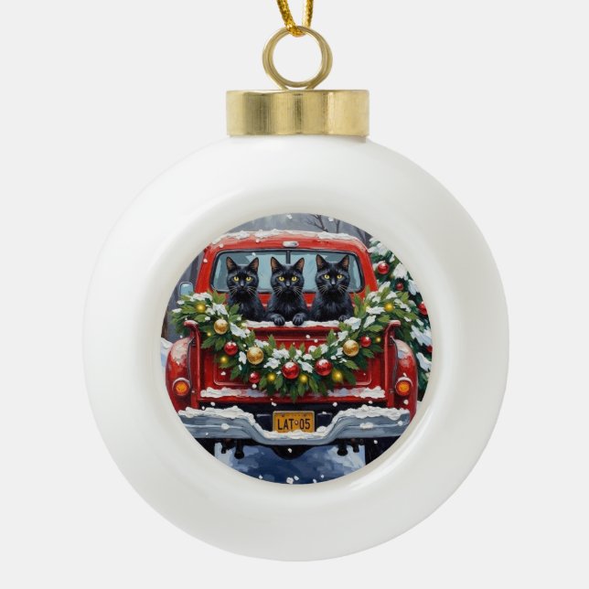 Black Cat Christmas Red Truck Holiday Ceramic Ball Christmas Ornament (Front)