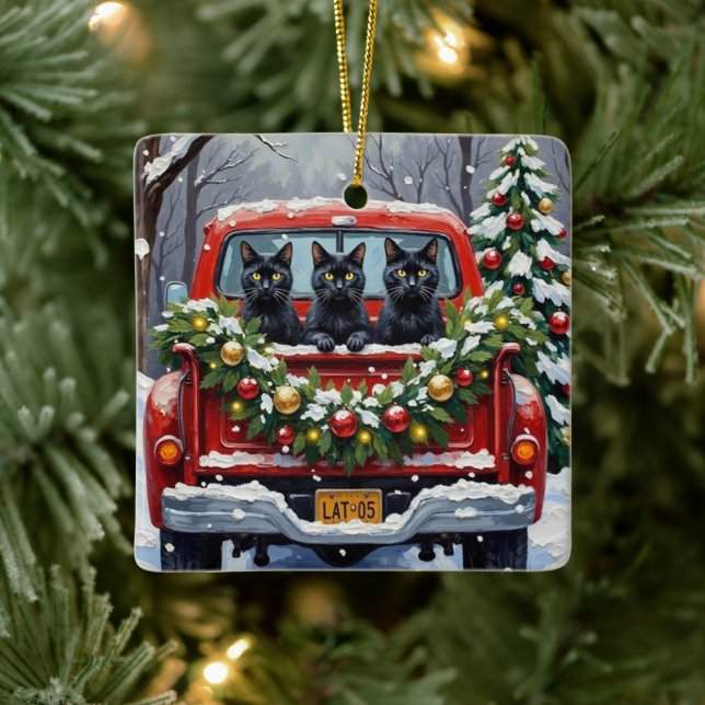 Black Cat Christmas Red Truck Holiday Ceramic Ornament (Tree)