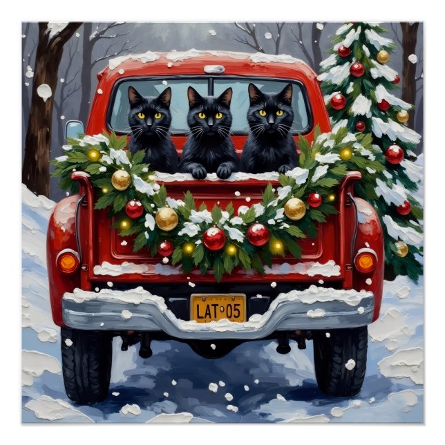 Black Cat Christmas Red Truck Holiday Poster (Front)