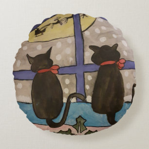 Black Cat Christmas Round Cushion