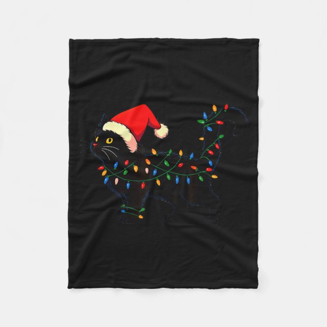 Black Cat Christmas Santa Hat Funny  Fleece Blanket (Front)