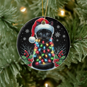Black Cat Christmas Santa Hat Funny Meowy Cat Ceramic Ornament