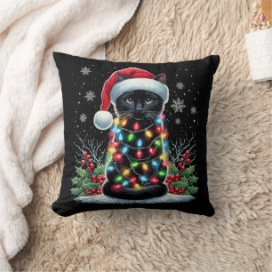 Black Cat Christmas Santa Hat Funny Meowy Cat Cushion