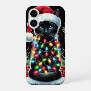 Black Cat Christmas Santa Hat Funny Meowy Cat iPhone 16 Case