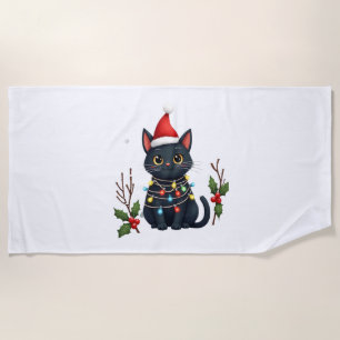 Black Cat Christmas Santa Hat Funny Meowy Cat T-Sh Beach Towel
