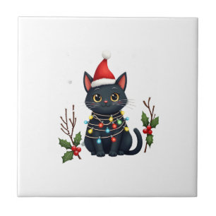 Black Cat Christmas Santa Hat Funny Meowy Cat T-Sh Ceramic Tile