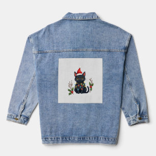 Black Cat Christmas Santa Hat Funny Meowy Cat T-Sh Denim Jacket