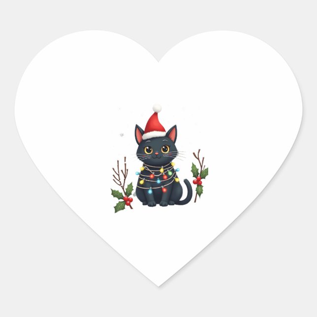 Black Cat Christmas Santa Hat Funny Meowy Cat T-Sh Heart Sticker (Front)