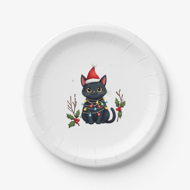 Black Cat Christmas Santa Hat Funny Meowy Cat T-Sh Paper Plate (Front)