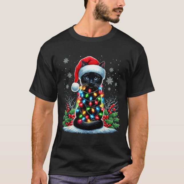 Black Cat Christmas Santa Hat Funny Meowy Cat  T-Shirt (Front)