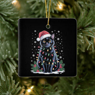 Black Cat Christmas Santa Hat Funny Meowy Cats Ceramic Ornament