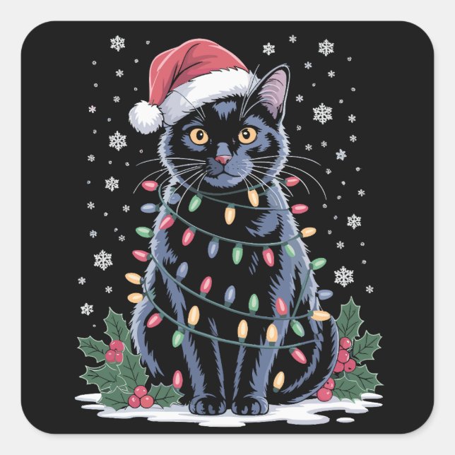 Black Cat Christmas Santa Hat Funny Meowy Cats  Square Sticker (Front)
