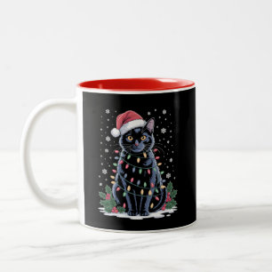 Black Cat Christmas Santa Hat Funny Meowy Cats  Two-Tone Coffee Mug