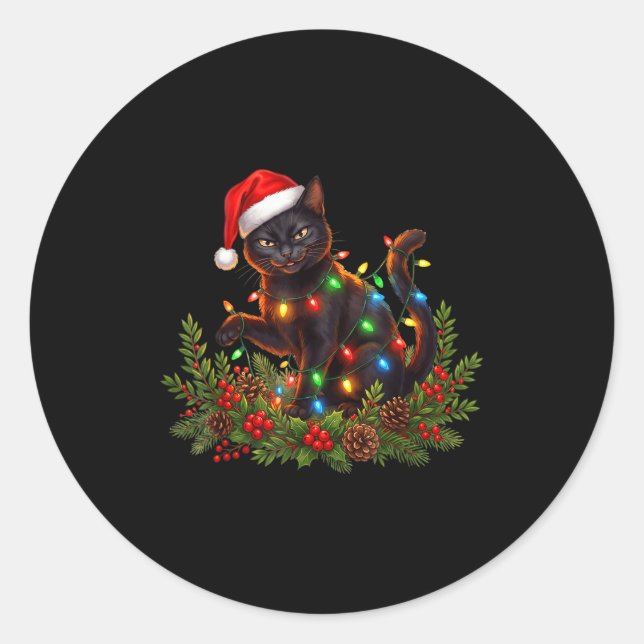 Black Cat Christmas Santa Hat Funny Meowy Cats Wom Classic Round Sticker (Front)
