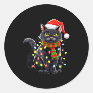 Black Cat Christmas Santa Hat Funny Meowy Cats Wom Classic Round Sticker