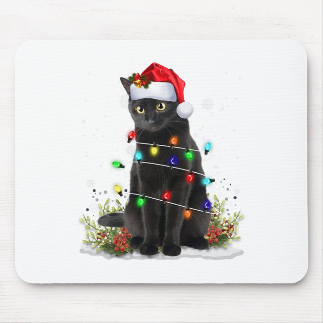 Black Cat Christmas Santa Hat Funny Meowy Cats Wom Mouse Pad (Front)