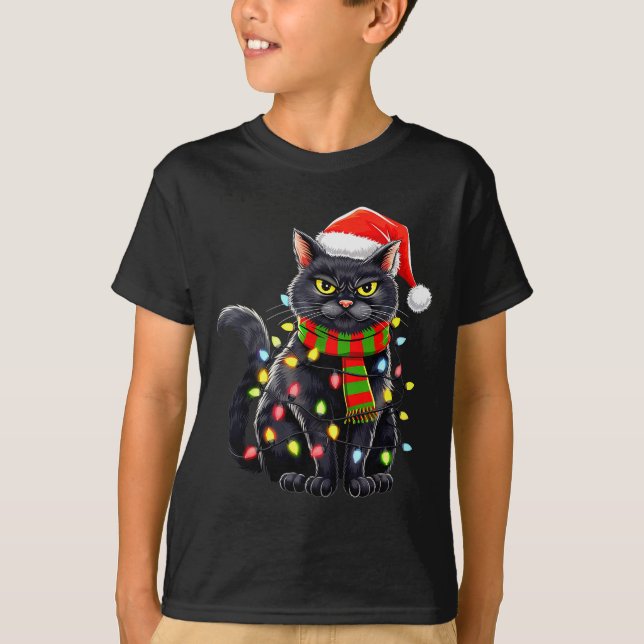 Black Cat Christmas Santa Hat Funny Meowy Cats Wom T-Shirt (Front)