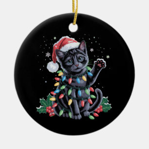 Black Cat Christmas Santa Hat Meowy Xmas Holiday Ceramic Ornament