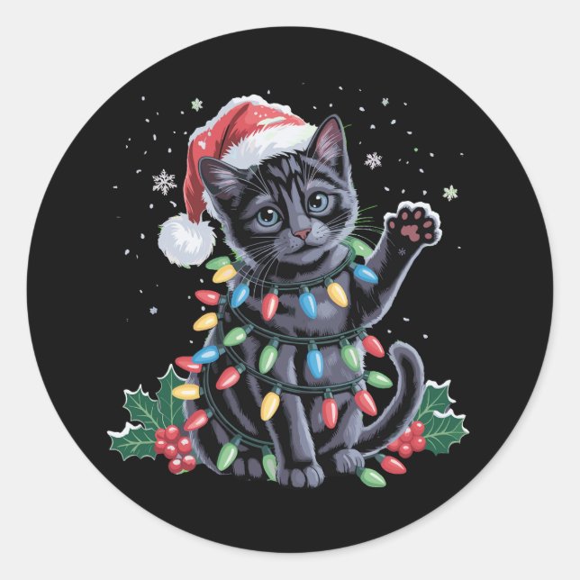 Black Cat Christmas Santa Hat Meowy Xmas Holiday Classic Round Sticker (Front)