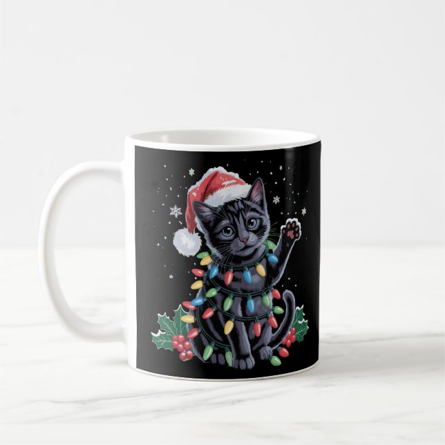 Black Cat Christmas Santa Hat Meowy Xmas Holiday Coffee Mug (Left)