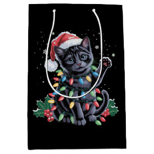 Black Cat Christmas Santa Hat Meowy Xmas Holiday Medium Gift Bag