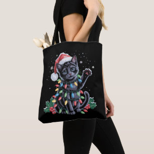 Black Cat Christmas Santa Hat Meowy Xmas Holiday Tote Bag