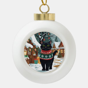 Black Cat Christmas Snow Holiday Ceramic Ball Christmas Ornament