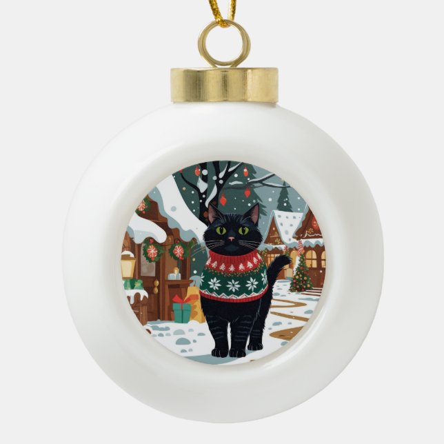 Black Cat Christmas Snow Holiday Ceramic Ball Christmas Ornament (Front)