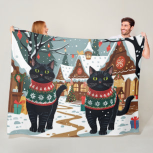 Black Cat Christmas Snow Holiday Fleece Blanket