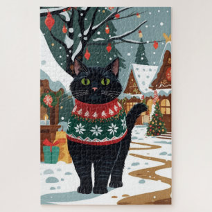 Black Cat Christmas Snow Holiday Jigsaw Puzzle