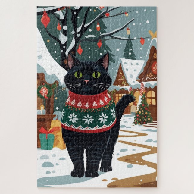 Black Cat Christmas Snow Holiday Jigsaw Puzzle (Vertical)