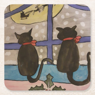Black Cat Christmas Square Paper Coaster