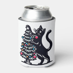 Black Cat Christmas Tree Can Cooler