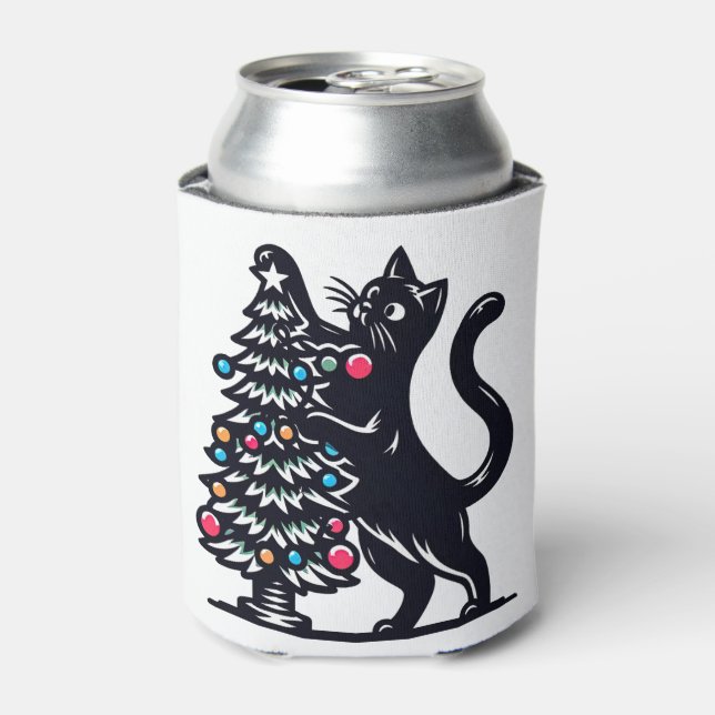 Black Cat Christmas Tree Can Cooler (Can Front)