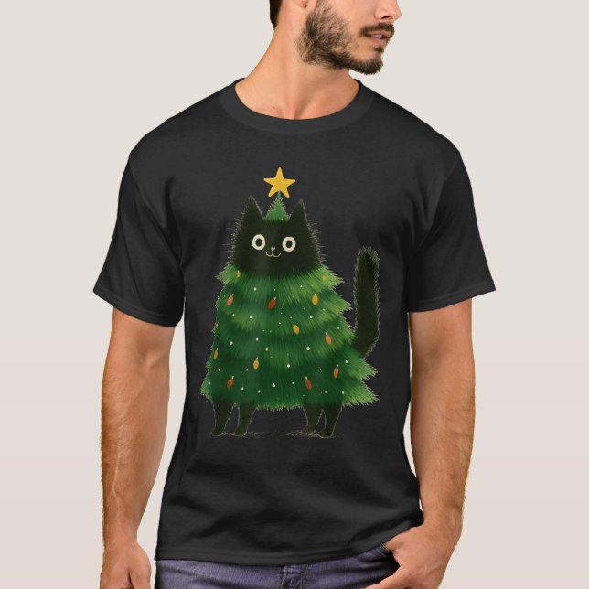 Black Cat Christmas Tree Cute Holiday Pet Lover De T-Shirt (Front)